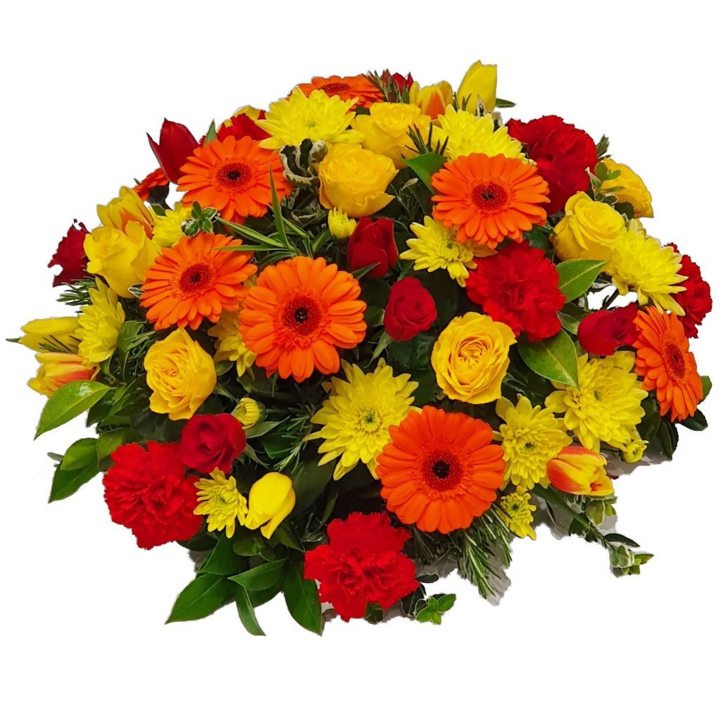 Gerbera Sunset Funeral Posy – A Lovely selection of Gerberas, Roses & Spray Carnations arranged in mixed foliage.