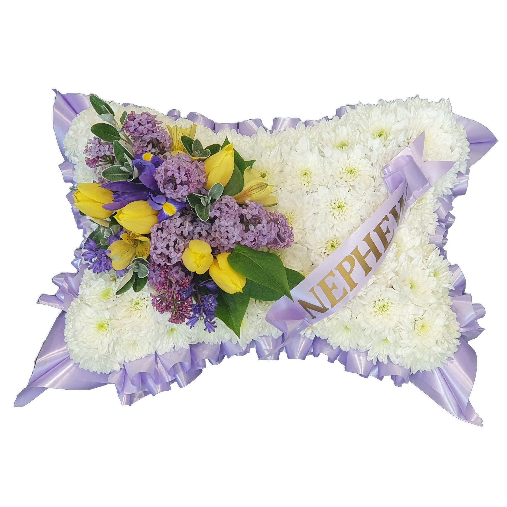 Lilac Funeral Pillow - A White Chrysanthemum based Pillow Shaped Funeral Tribute with a Spray of Spring Flowers in a colour of your choice.