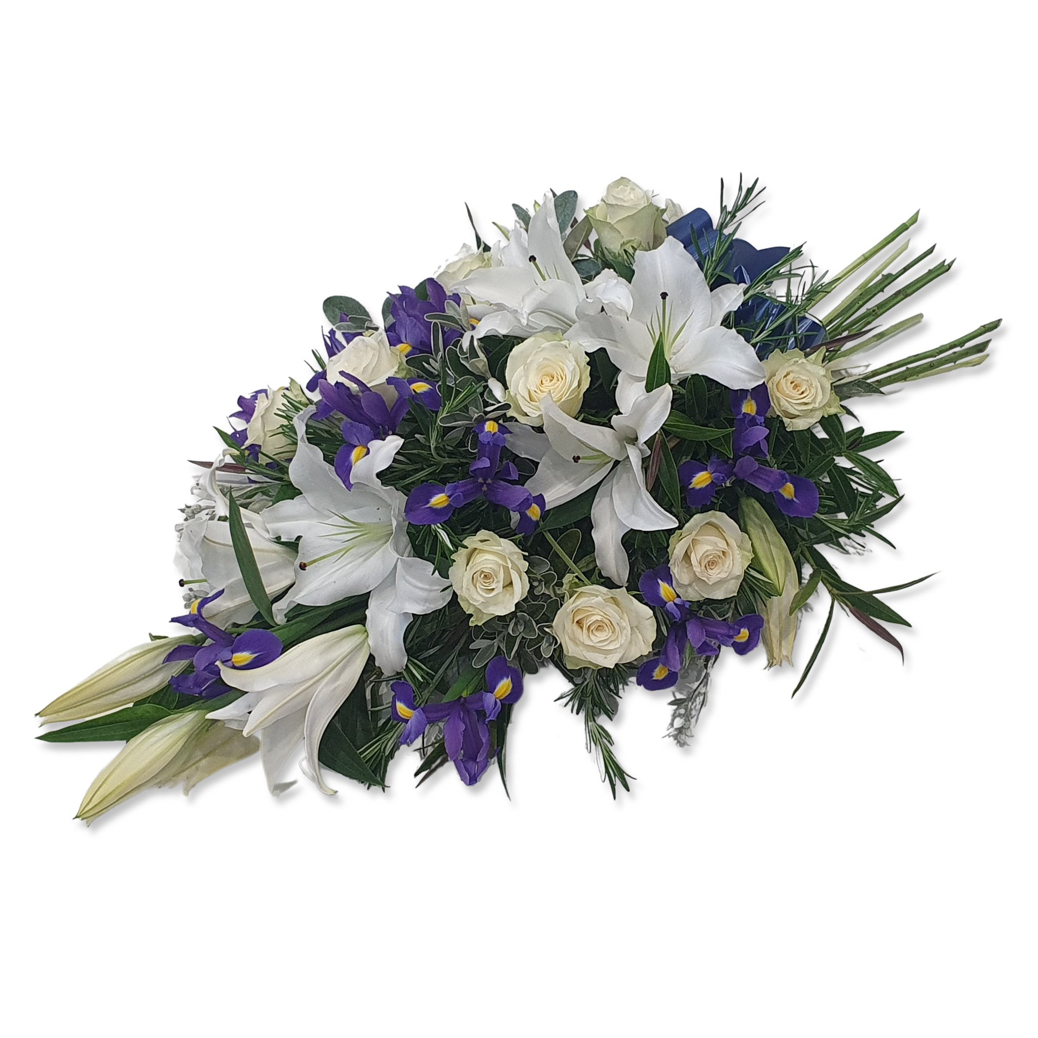 Ocean Breeze Tied Sheaf – A Beautiful selection of Cream Roses arranged with Blue Iris & Stunning White Lilies in a Tied Sheaf